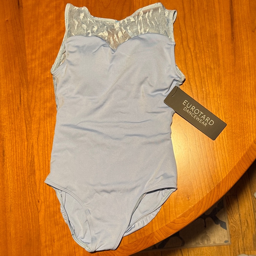 Women’s XS light Blue One Piece dance leotard. NWT high neck & back enclosure